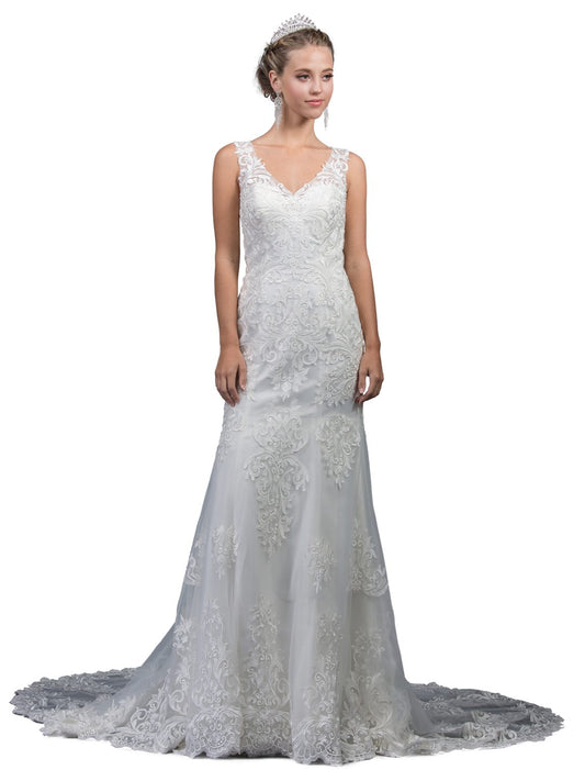 Dancing Queen Bridal - 45 Lace Embroidered V-neck Gown With Train